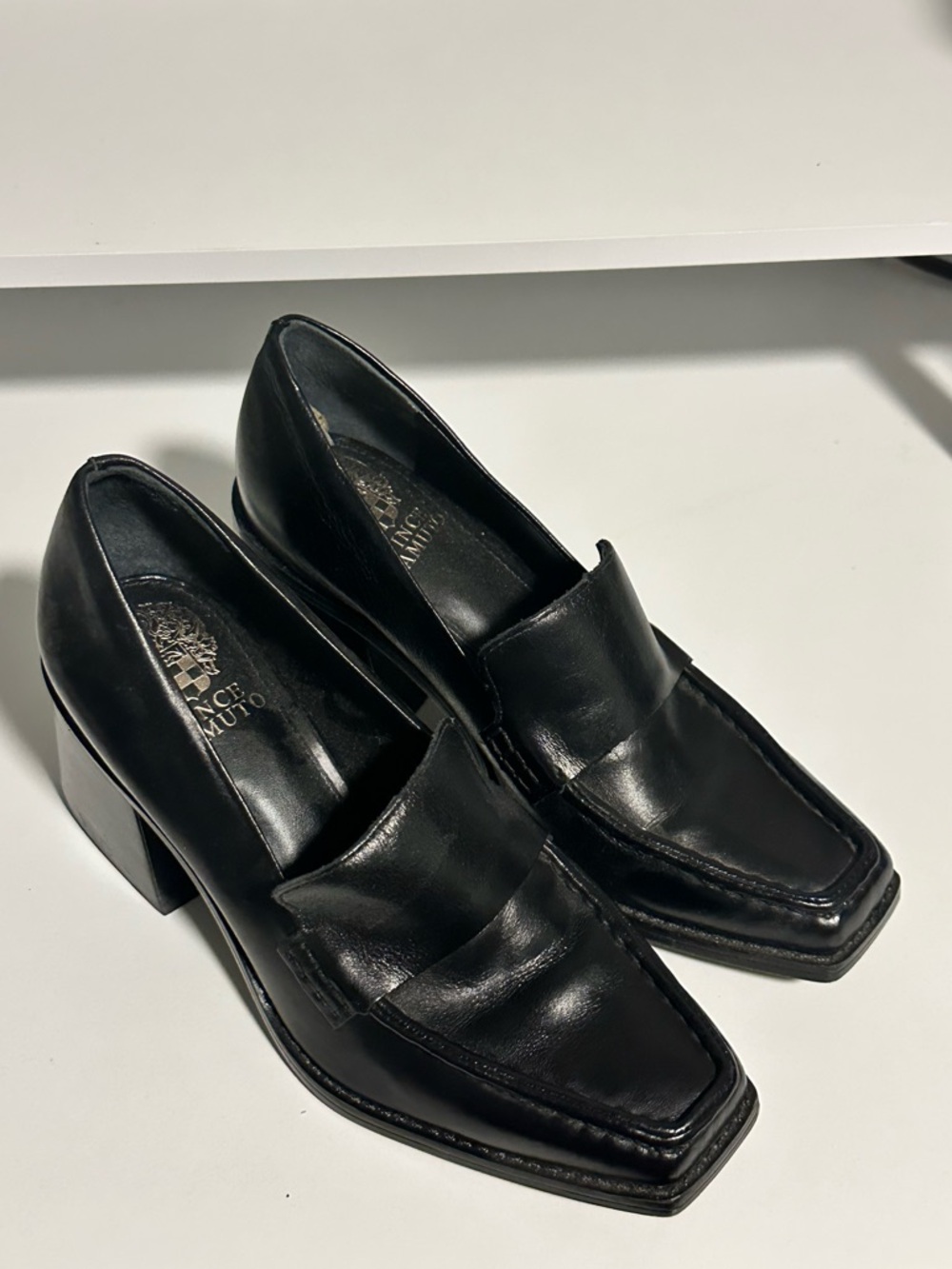 Vince Camuto Black Leather Square-Toe Block Heel Loafers
